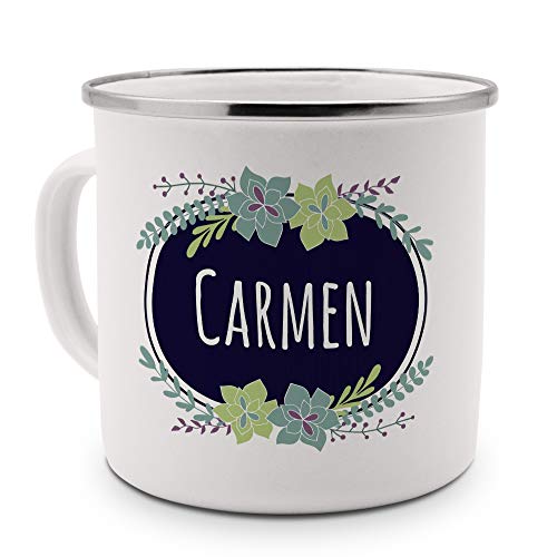 printplanet Emaille-Tasse mit Namen Carmen - Metallbecher mit Design Flowers - Nostalgie-Becher, Camping-Tasse, Blechtasse, Farbe Silber von printplanet