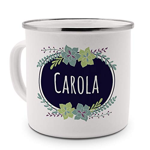 printplanet Emaille-Tasse mit Namen Carola - Metallbecher mit Design Flowers - Nostalgie-Becher, Camping-Tasse, Blechtasse, Farbe Silber von printplanet