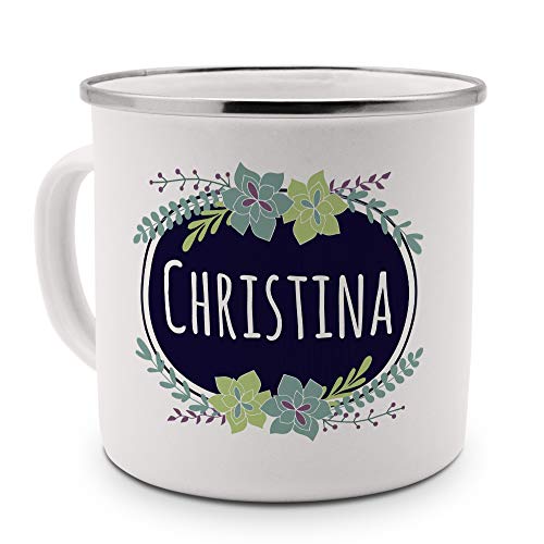 printplanet Emaille-Tasse mit Namen Christina - Metallbecher mit Design Flowers - Nostalgie-Becher, Camping-Tasse, Blechtasse, Farbe Silber von printplanet