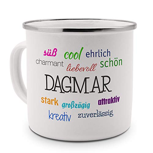 printplanet Emaille-Tasse mit Namen Dagmar - Metallbecher mit Design Positive Eigenschaften - Nostalgie-Becher, Camping-Tasse, Blechtasse, Farbe Silber von printplanet