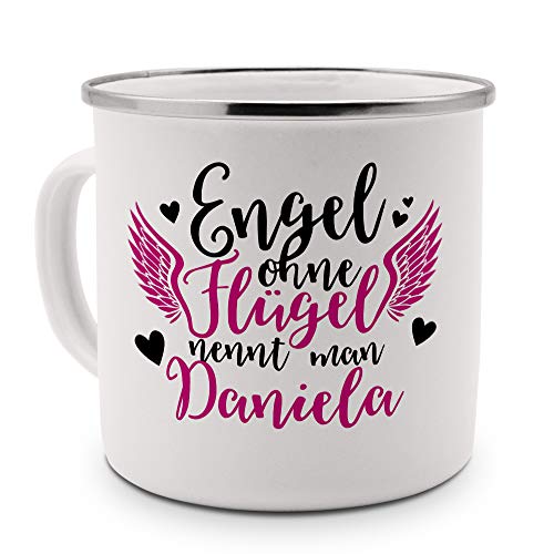 printplanet - Emaille-Tasse mit Namen Daniela - Metallbecher mit Design Engel - Nostalgie-Becher, Camping-Tasse, Blechtasse, Farbe Silber, 400ml von printplanet