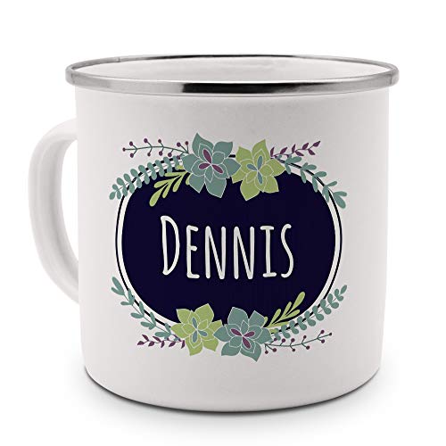 printplanet Emaille-Tasse mit Namen Dennis - Metallbecher mit Design Flowers - Nostalgie-Becher, Camping-Tasse, Blechtasse, Farbe Silber von printplanet