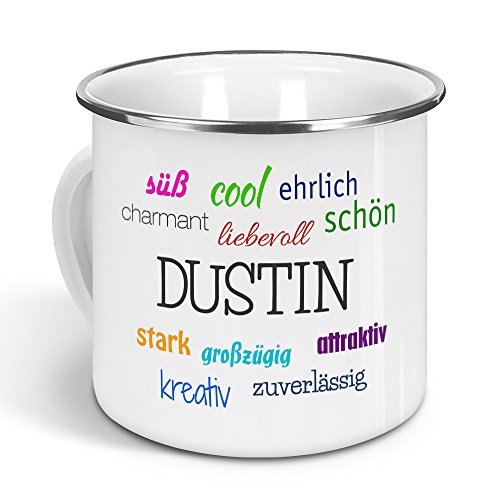 printplanet - Emaille-Tasse mit Namen Dustin - Metallbecher mit Design Positive Eigenschaften - Nostalgie-Becher, Camping-Tasse, Blechtasse, Farbe Silber, 300ml von printplanet