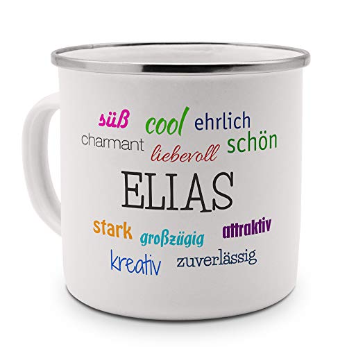 printplanet Emaille-Tasse mit Namen Elias - Metallbecher mit Design Positive Eigenschaften - Nostalgie-Becher, Camping-Tasse, Blechtasse, Farbe Silber von printplanet