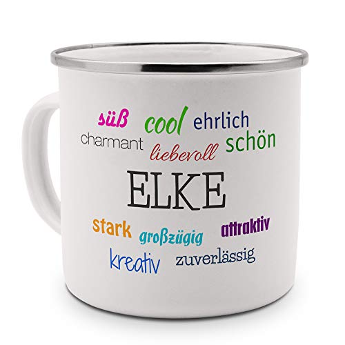 printplanet Emaille-Tasse mit Namen Elke - Metallbecher mit Design Positive Eigenschaften - Nostalgie-Becher, Camping-Tasse, Blechtasse, Farbe Silber von printplanet