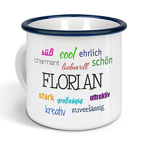 printplanet - Emaille-Tasse mit Namen Florian - Metallbecher mit Design Positive Eigenschaften - Nostalgie-Becher, Camping-Tasse, Blechtasse, Farbe Blau, 300ml printplanet - Emaille-Tasse mit Namen Florian - Metallbecher mit Design Positive Eigenschaften - Nostalgie-Becher, Camping-Tasse, Blechtasse, Farbe Blau, 300ml von printplanet