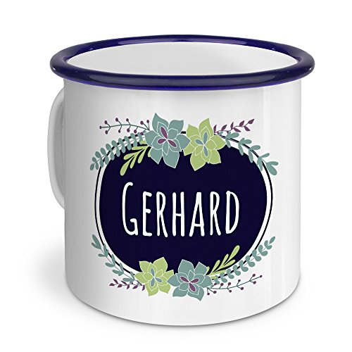 printplanet Emaille-Tasse mit Namen Gerhard - Metallbecher mit Design Flowers - Nostalgie-Becher, Camping-Tasse, Blechtasse, Blau von printplanet