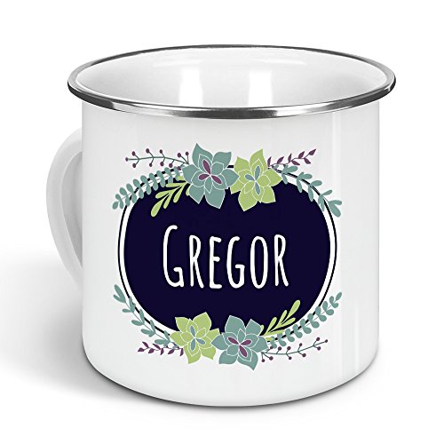 printplanet - Emaille-Tasse mit Namen Gregor - Metallbecher mit Design Flowers - Nostalgie-Becher, Camping-Tasse, Blechtasse, Farbe Silber, 300ml von printplanet