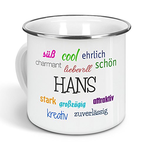 printplanet - Emaille-Tasse mit Namen Hans - Metallbecher mit Design Positive Eigenschaften - Nostalgie-Becher, Camping-Tasse, Blechtasse, Farbe Silber, 300ml printplanet - Emaille-Tasse mit Namen Hans - Metallbecher mit Design Positive Eigenschaften - Nostalgie-Becher, Camping-Tasse, Blechtasse, Farbe Silber, 300ml von printplanet