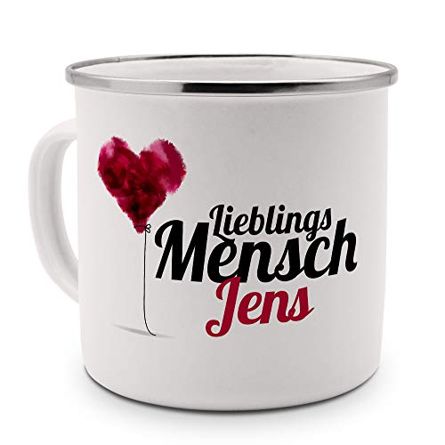 printplanet Emaille-Tasse mit Namen Jens - Metallbecher mit Design Lieblingsmensch - Nostalgie-Becher, Camping-Tasse, Blechtasse, Farbe Silber von printplanet