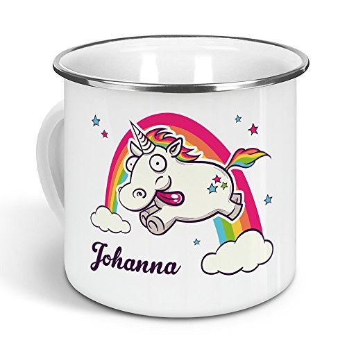 printplanet - Emaille-Tasse mit Namen Johanna - Metallbecher mit Design Verrücktes Einhorn - Nostalgie-Becher, Camping-Tasse, Blechtasse, Farbe Silber, 300ml von printplanet