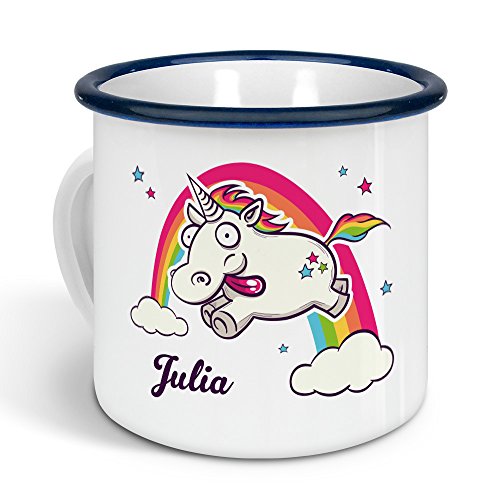 printplanet - Emaille-Tasse mit Namen Julia - Metallbecher mit Design Verrücktes Einhorn - Nostalgie-Becher, Camping-Tasse, Blechtasse, Farbe Blau, 300ml von printplanet