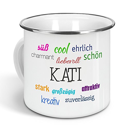 printplanet - Emaille-Tasse mit Namen Kati - Metallbecher mit Design Positive Eigenschaften - Nostalgie-Becher, Camping-Tasse, Blechtasse, Farbe Silber, 300ml von printplanet