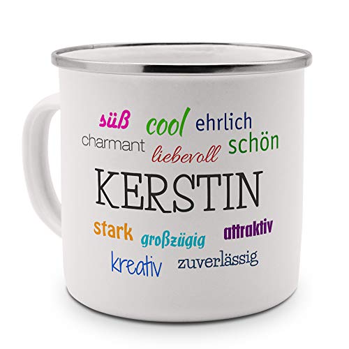 printplanet Emaille-Tasse mit Namen Kerstin - Metallbecher mit Design Positive Eigenschaften - Nostalgie-Becher, Camping-Tasse, Blechtasse, Farbe Silber von printplanet