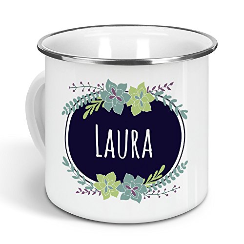 printplanet - Emaille-Tasse mit Namen Laura - Metallbecher mit Design Flowers - Nostalgie-Becher, Camping-Tasse, Blechtasse, Farbe Silber, 300ml printplanet - Emaille-Tasse mit Namen Laura - Metallbecher mit Design Flowers - Nostalgie-Becher, Camping-Tasse, Blechtasse, Farbe Silber, 300ml von printplanet