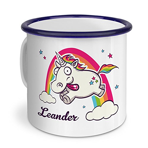 printplanet Emaille-Tasse mit Namen Leander - Metallbecher mit Design Verrücktes Einhorn - Nostalgie-Becher, Camping-Tasse, Blechtasse, Blau von printplanet