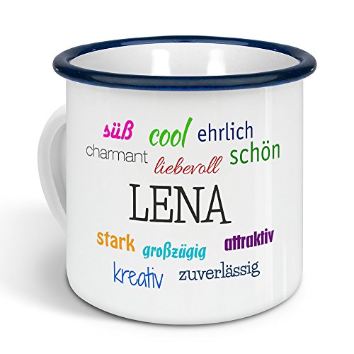 printplanet - Emaille-Tasse mit Namen Lena - Metallbecher mit Design Positive Eigenschaften - Nostalgie-Becher, Camping-Tasse, Blechtasse, Farbe Blau, 300ml von printplanet