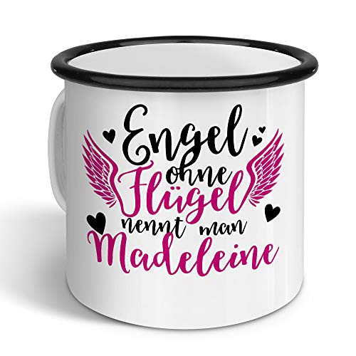 printplanet - Emaille-Tasse mit Namen Madeleine - Metallbecher mit Design Engel - Nostalgie-Becher, Camping-Tasse, Blechtasse, Farbe Schwarz, 400ml von printplanet