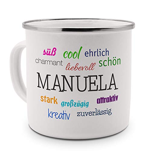 printplanet Emaille-Tasse mit Namen Manuela - Metallbecher mit Design Positive Eigenschaften - Nostalgie-Becher, Camping-Tasse, Blechtasse, Farbe Silber von printplanet