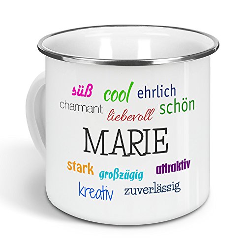 printplanet - Emaille-Tasse mit Namen Marie - Metallbecher mit Design Positive Eigenschaften - Nostalgie-Becher, Camping-Tasse, Blechtasse, Farbe Silber, 300ml von printplanet