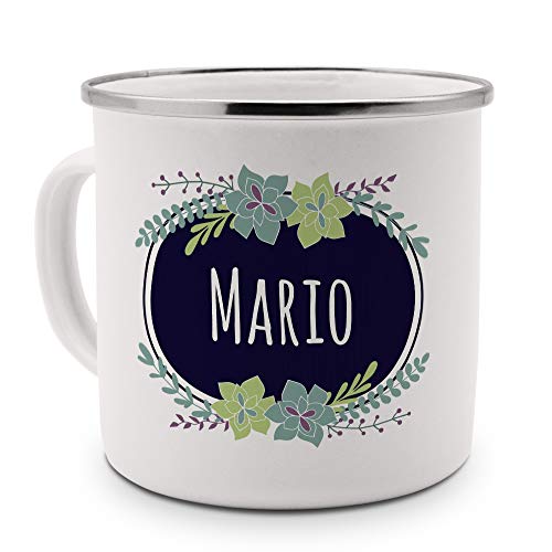 printplanet Emaille-Tasse mit Namen Mario - Metallbecher mit Design Flowers - Nostalgie-Becher, Camping-Tasse, Blechtasse, Farbe Silber von printplanet