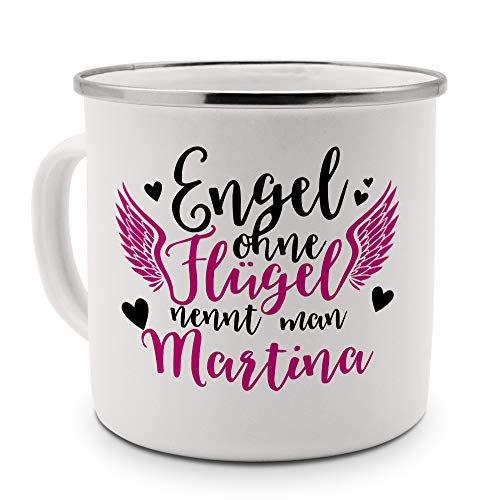 printplanet - Emaille-Tasse mit Namen Martina - Metallbecher mit Design Engel - Nostalgie-Becher, Camping-Tasse, Blechtasse, Farbe Silber, 400ml von printplanet