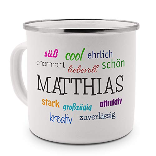 printplanet Emaille-Tasse mit Namen Matthias - Metallbecher mit Design Positive Eigenschaften - Nostalgie-Becher, Camping-Tasse, Blechtasse, Farbe Silber von printplanet