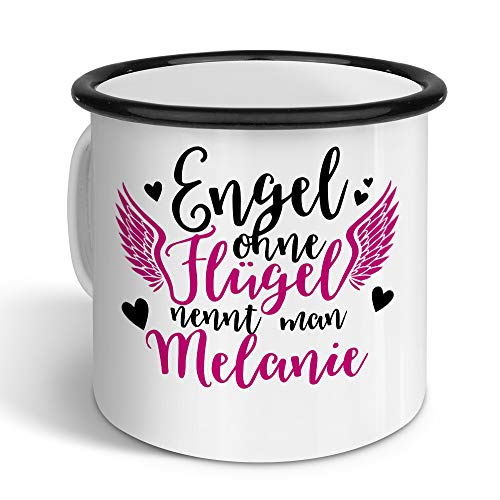 printplanet - Emaille-Tasse mit Namen Melanie - Metallbecher mit Design Engel - Nostalgie-Becher, Camping-Tasse, Blechtasse, Farbe Schwarz, 400ml von printplanet