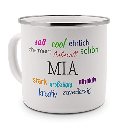 printplanet Emaille-Tasse mit Namen Mia - Metallbecher mit Design Positive Eigenschaften - Nostalgie-Becher, Camping-Tasse, Blechtasse, Farbe Silber printplanet Emaille-Tasse mit Namen Mia - Metallbecher mit Design Positive Eigenschaften - Nostalgie-Becher, Camping-Tasse, Blechtasse, Farbe Silber von printplanet