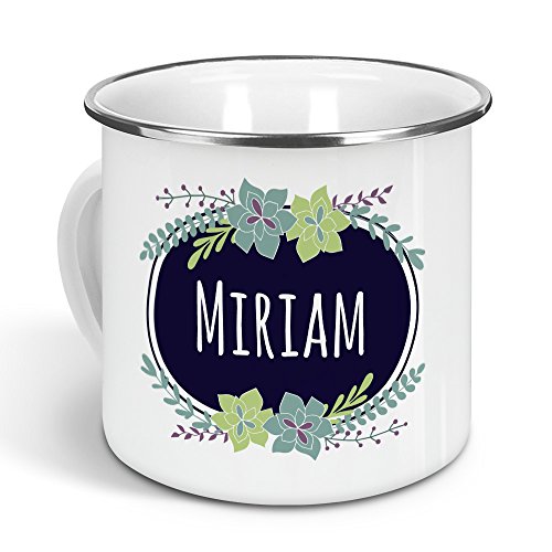 printplanet - Emaille-Tasse mit Namen Miriam - Metallbecher mit Design Flowers - Nostalgie-Becher, Camping-Tasse, Blechtasse, Farbe Silber, 300ml von printplanet