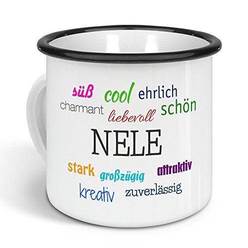 printplanet - Emaille-Tasse mit Namen Nele - Metallbecher mit Design Positive Eigenschaften - Nostalgie-Becher, Camping-Tasse, Blechtasse, Farbe Schwarz, 300ml von printplanet