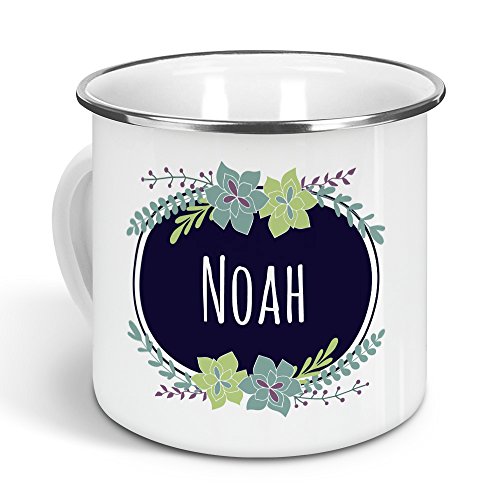 printplanet - Emaille-Tasse mit Namen Noah - Metallbecher mit Design Flowers - Nostalgie-Becher, Camping-Tasse, Blechtasse, Farbe Silber, 300ml von printplanet