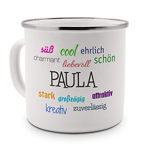 printplanet Emaille-Tasse mit Namen Paula - Metallbecher mit Design Positive Eigenschaften - Nostalgie-Becher, Camping-Tasse, Blechtasse, Farbe Silber von printplanet