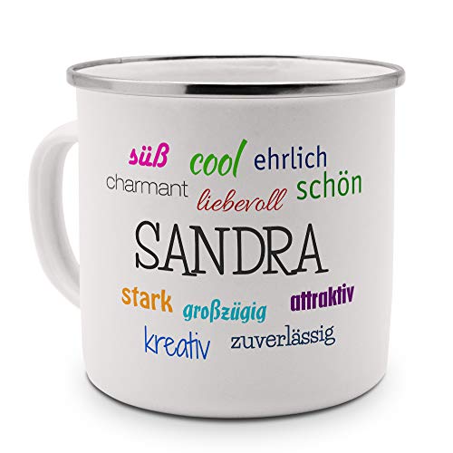 printplanet Emaille-Tasse mit Namen Sandra - Metallbecher mit Design Positive Eigenschaften - Nostalgie-Becher, Camping-Tasse, Blechtasse, Farbe Silber von printplanet