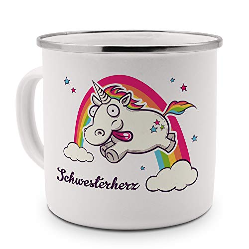 printplanet Emaille-Tasse mit Namen Schwesterherz - Metallbecher mit Design Verrücktes Einhorn - Nostalgie-Becher, Camping-Tasse, Blechtasse, Farbe Silber von printplanet