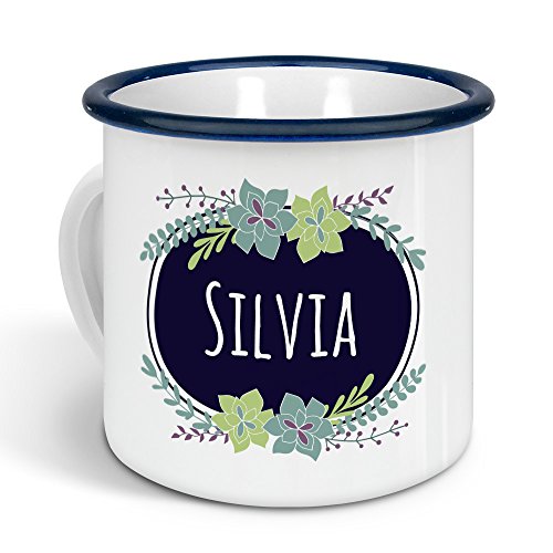 printplanet - Emaille-Tasse mit Namen Silvia - Metallbecher mit Design Flowers - Nostalgie-Becher, Camping-Tasse, Blechtasse, Farbe Blau, 300ml von printplanet