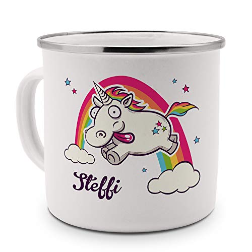 printplanet Emaille-Tasse mit Namen Steffi - Metallbecher mit Design Verrücktes Einhorn - Nostalgie-Becher, Camping-Tasse, Blechtasse, Farbe Silber von printplanet