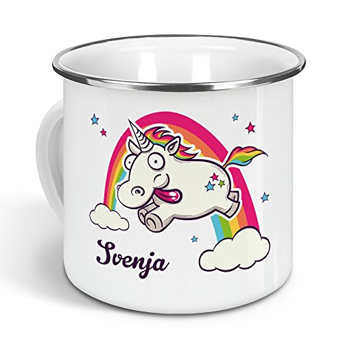 printplanet - Emaille-Tasse mit Namen Svenja - Metallbecher mit Design Verrücktes Einhorn - Nostalgie-Becher, Camping-Tasse, Blechtasse, Farbe Silber, 300ml von printplanet