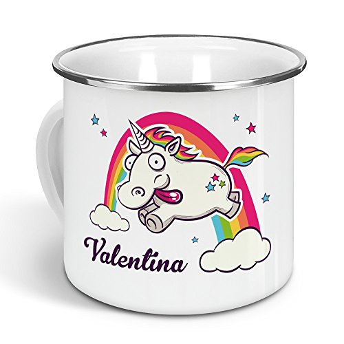 printplanet - Emaille-Tasse mit Namen Valentina - Metallbecher mit Design Verrücktes Einhorn - Nostalgie-Becher, Camping-Tasse, Blechtasse, Farbe Silber, 300ml von printplanet