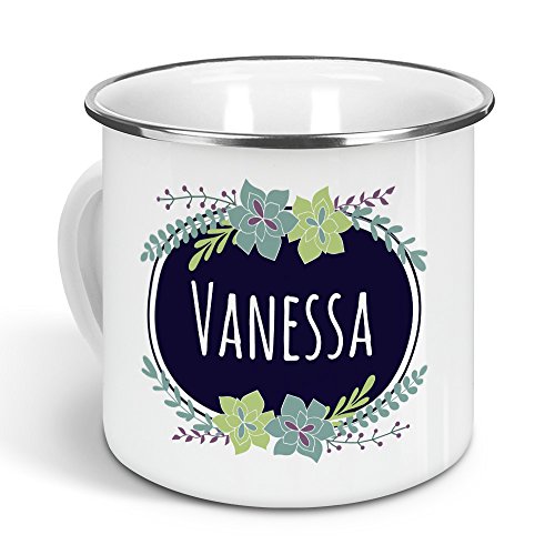 printplanet - Emaille-Tasse mit Namen Vanessa - Metallbecher mit Design Flowers - Nostalgie-Becher, Camping-Tasse, Blechtasse, Farbe Silber, 300ml von printplanet