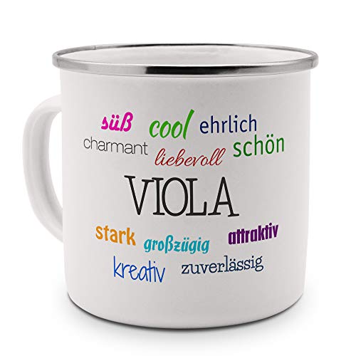 printplanet Emaille-Tasse mit Namen Viola - Metallbecher mit Design Positive Eigenschaften - Nostalgie-Becher, Camping-Tasse, Blechtasse, Farbe Silber von printplanet