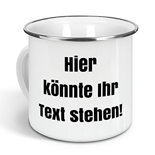 printplanet - Emaille-Tasse mit eigenem Text Bedrucken Lassen - Blechtasse Personalisieren – Nostalgie-Becher mit eigenem Spruch, Farbe Silber, 300ml von printplanet