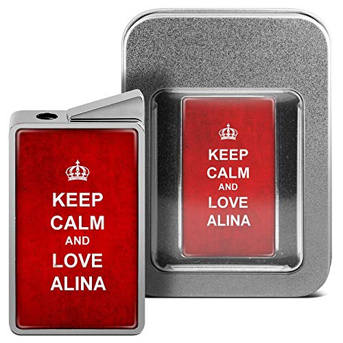 printplanet Feuerzeug mit Namen Alina - personalisiertes Gasfeuerzeug mit Design Keep Calm - inkl. Metall-Geschenk-Box von printplanet