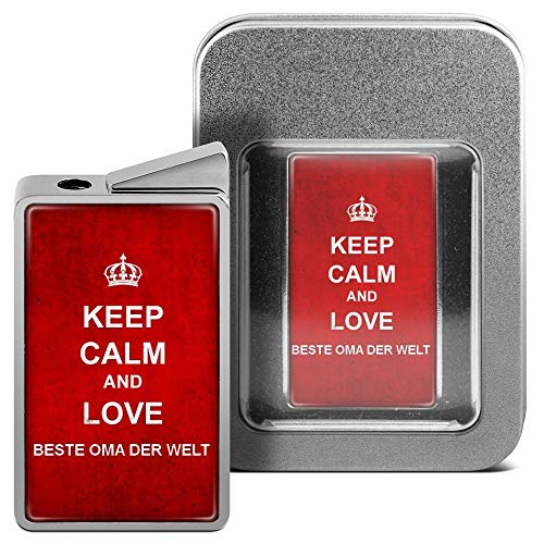 printplanet Feuerzeug mit Namen Beste Oma der Welt - personalisiertes Gasfeuerzeug mit Design Keep Calm - inkl. Metall-Geschenk-Box von printplanet