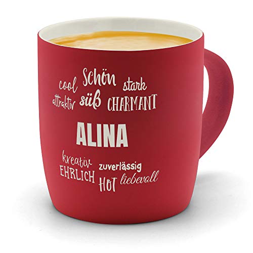 printplanet - Kaffeebecher mit Namen Alina graviert - SoftTouch Tasse mit Gravur Design Positive Eigenschaften - Matt-gummierte Oberfläche - Farbe Rot von printplanet