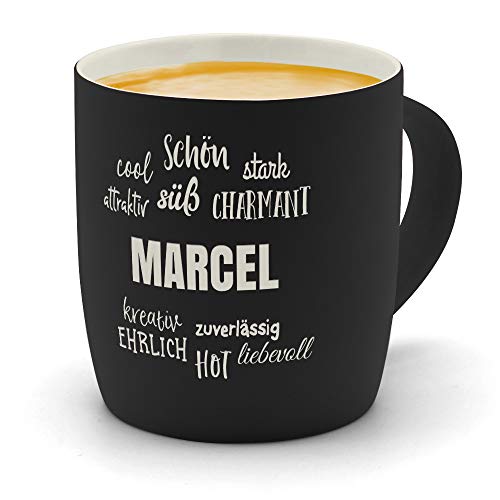 printplanet - Kaffeebecher mit Namen Marcel graviert - SoftTouch Tasse mit Gravur Design Positive Eigenschaften - Matt-gummierte Oberfläche - Farbe Schwarz von printplanet