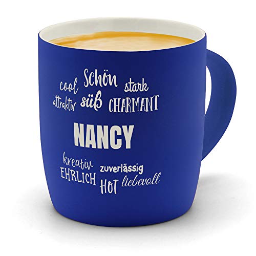 printplanet - Kaffeebecher mit Namen Nancy graviert - SoftTouch Tasse mit Gravur Design Positive Eigenschaften - Matt-gummierte Oberfläche - Farbe Blau von printplanet