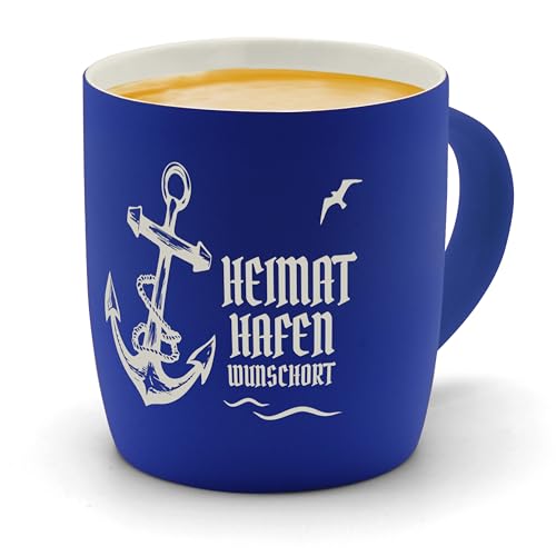 printplanet - Kaffeebecher mit eigenem Text graviert - SoftTouch Tasse mit Wunschtext - Matt-gummierte Oberfläche - Farbe Blau - Motiv: Heimathafen von printplanet
