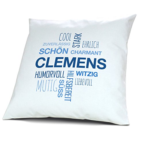 printplanet Kopfkissen mit Namen Clemens - Motiv Positive Eigenschaften Tagcloud Blau, 40 cm, 100% Baumwolle, Kuschelkissen, Liebeskissen, Namenskissen, Geschenkidee von printplanet