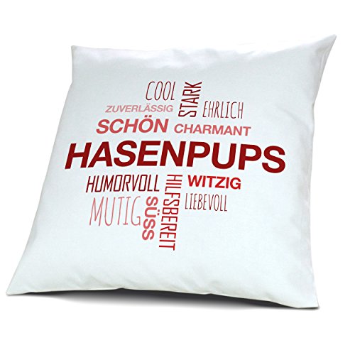 printplanet Kopfkissen mit Namen Hasenpups - Motiv Positive Eigenschaften Tagcloud Rot, 40 cm, 100% Baumwolle, Kuschelkissen, Liebeskissen, Namenskissen, Geschenkidee von printplanet